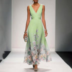 Women's Evening Floral Maxi Dress with V-Neck