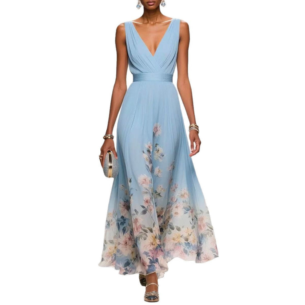 Women's Evening Floral Maxi Dress with V-Neck