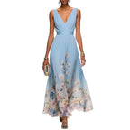 Women's Evening Floral Maxi Dress with V-Neck