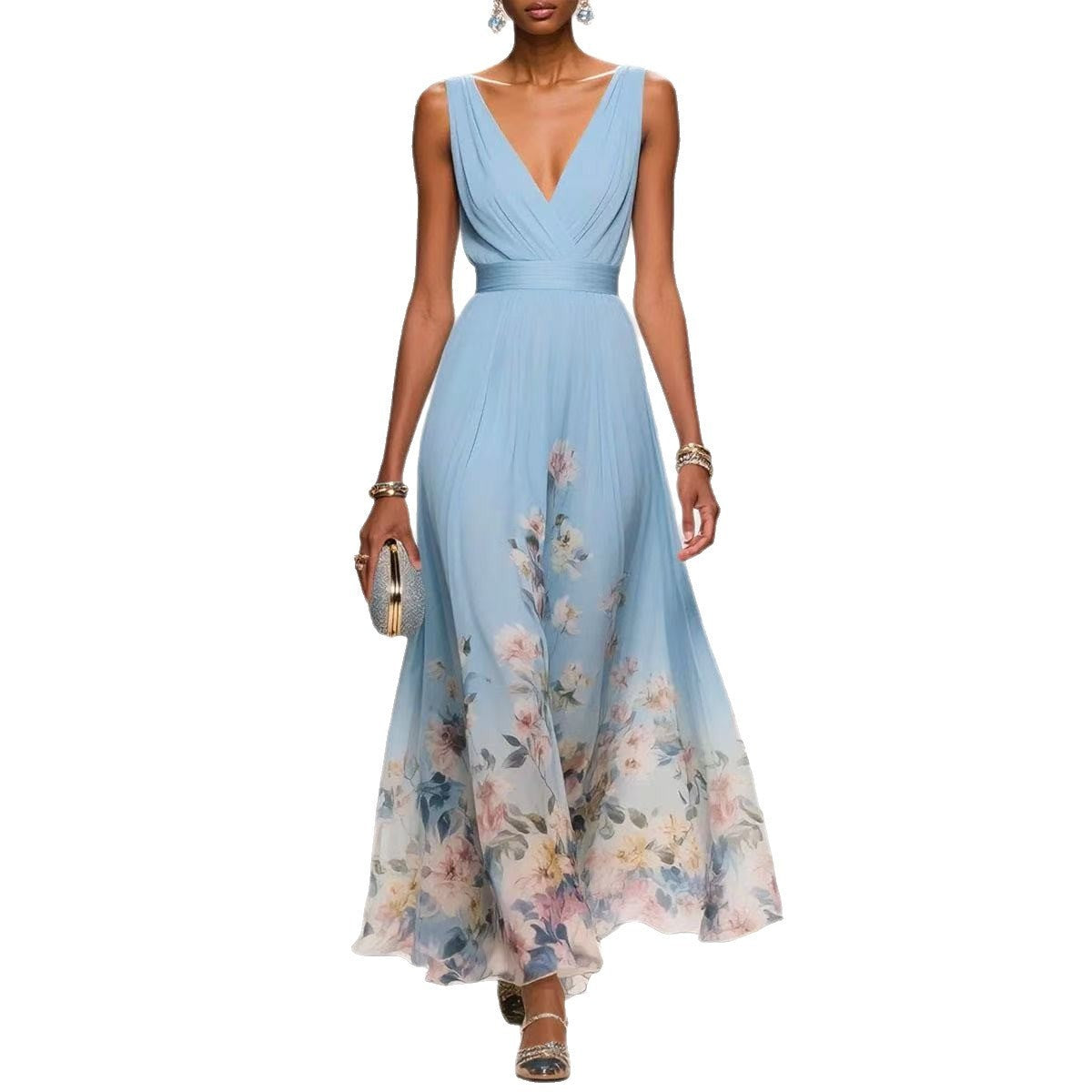 Women's Evening Floral Maxi Dress with V-Neck