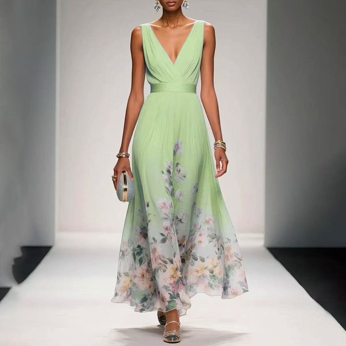 Women's Evening Floral Maxi Dress with V-Neck