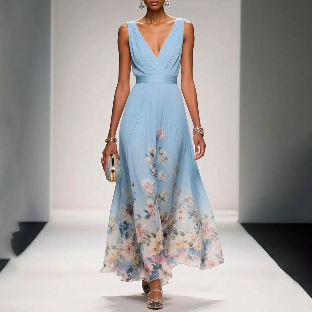 Women's Evening Floral Maxi Dress with V-Neck
