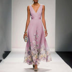 Women's Evening Floral Maxi Dress with V-Neck
