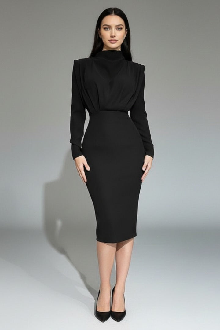 Women's Evening Party Long Sleeve Midi Dress with High Neck