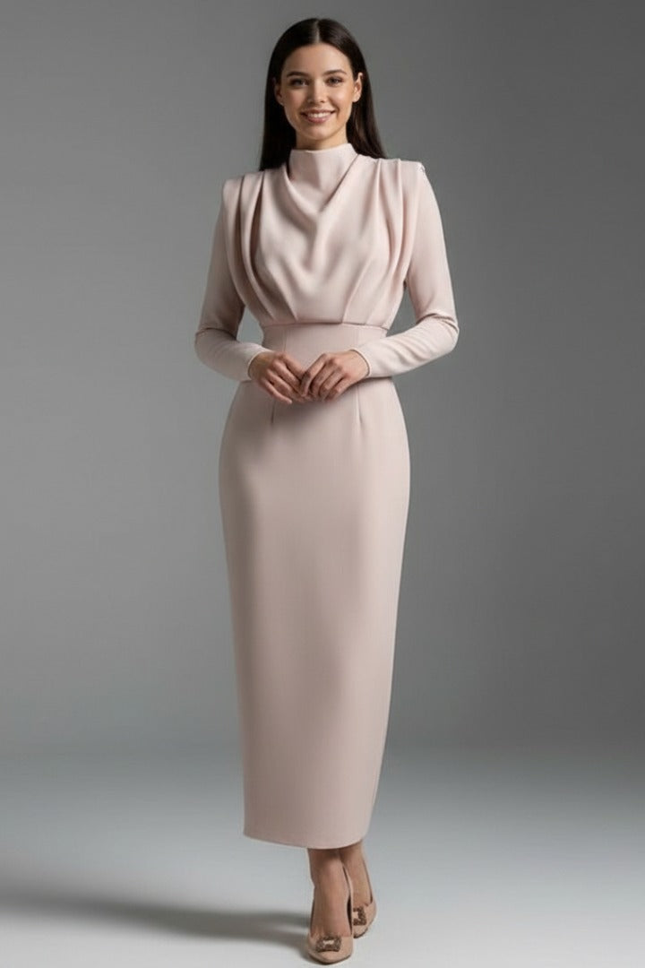 Women's Evening Party Long Sleeve Midi Dress with High Neck