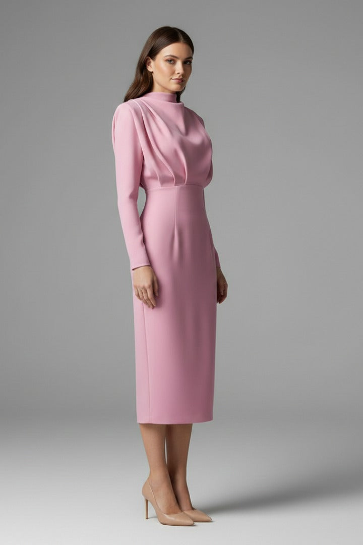 Women's Evening Party Long Sleeve Midi Dress with High Neck