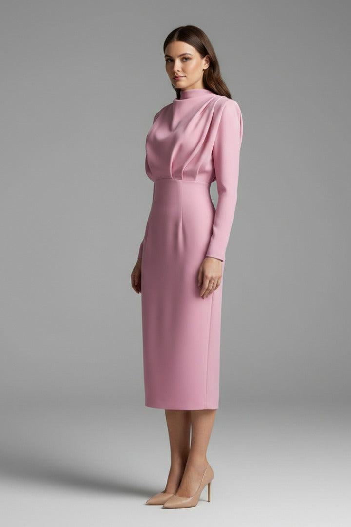 Women's Evening Party Long Sleeve Midi Dress with High Neck