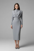 Women's Evening Party Long Sleeve Midi Dress with High Neck