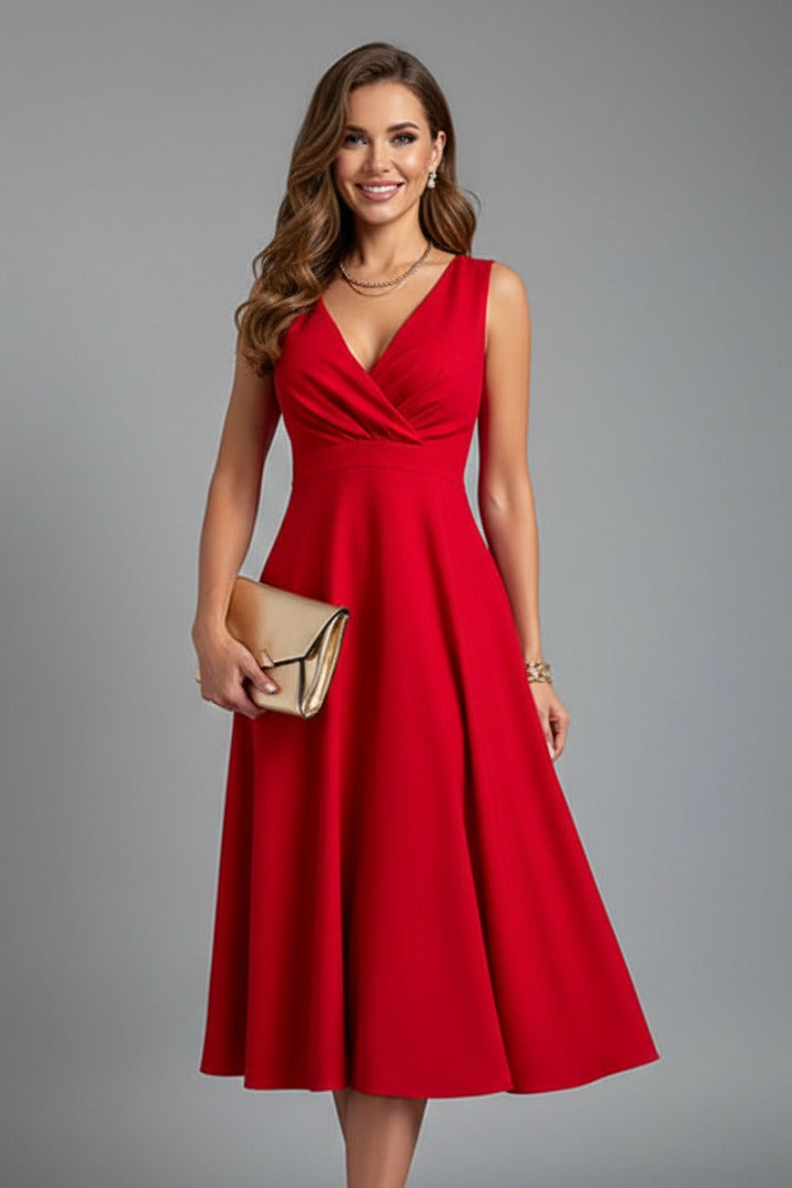 Women's Evening Party Midi Dress with V-Neck