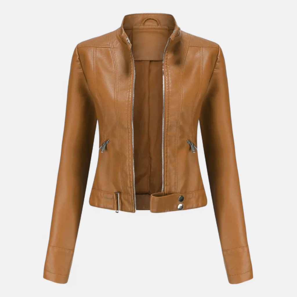 Women's Faux Leather Biker Jacket with Band Collar and Zip Cuff Closures