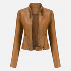 Women's Faux Leather Biker Jacket with Band Collar and Zip Cuff Closures