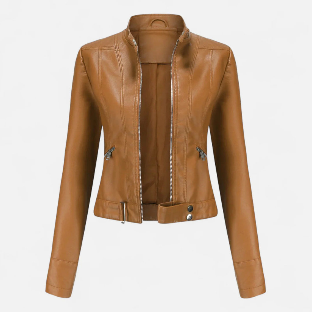 Women's Faux Leather Biker Jacket with Band Collar and Zip Cuff Closures