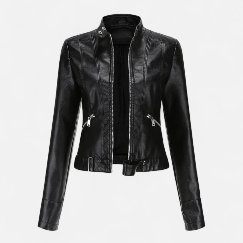 Women's Faux Leather Biker Jacket with Band Collar and Zip Cuff Closures
