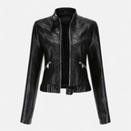 Women's Faux Leather Biker Jacket with Band Collar and Zip Cuff Closures