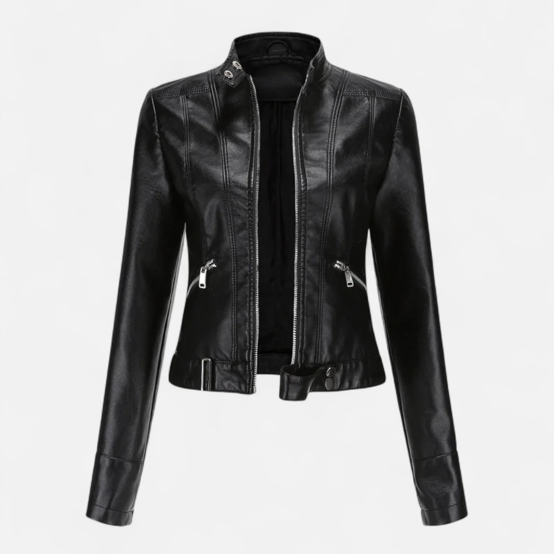 Women's Faux Leather Biker Jacket with Band Collar and Zip Cuff Closures
