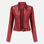 Women's Faux Leather Biker Jacket with Band Collar and Zip Cuff Closures