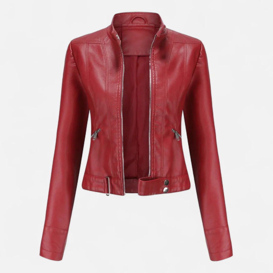 Women's Faux Leather Biker Jacket with Band Collar and Zip Cuff Closures