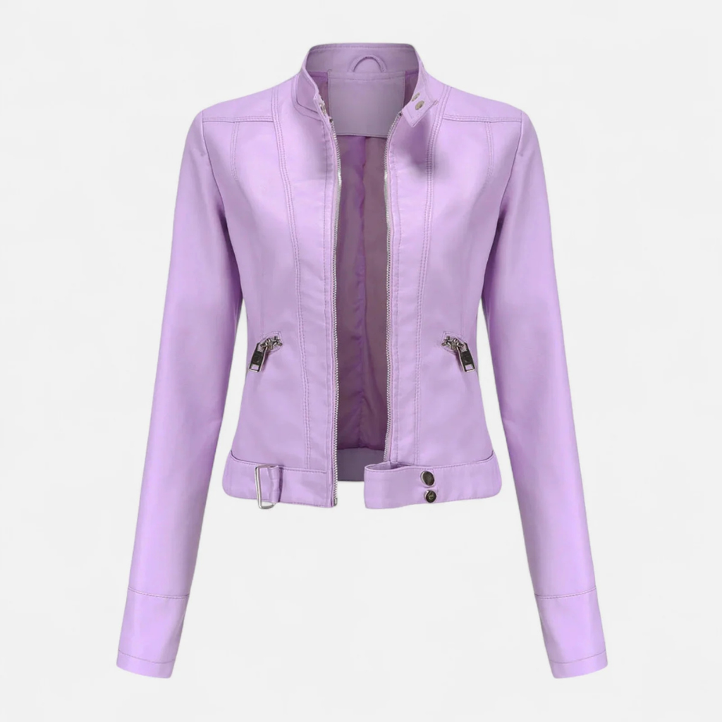 Women's Faux Leather Biker Jacket with Band Collar and Zip Cuff Closures