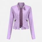 Women's Faux Leather Biker Jacket with Band Collar and Zip Cuff Closures