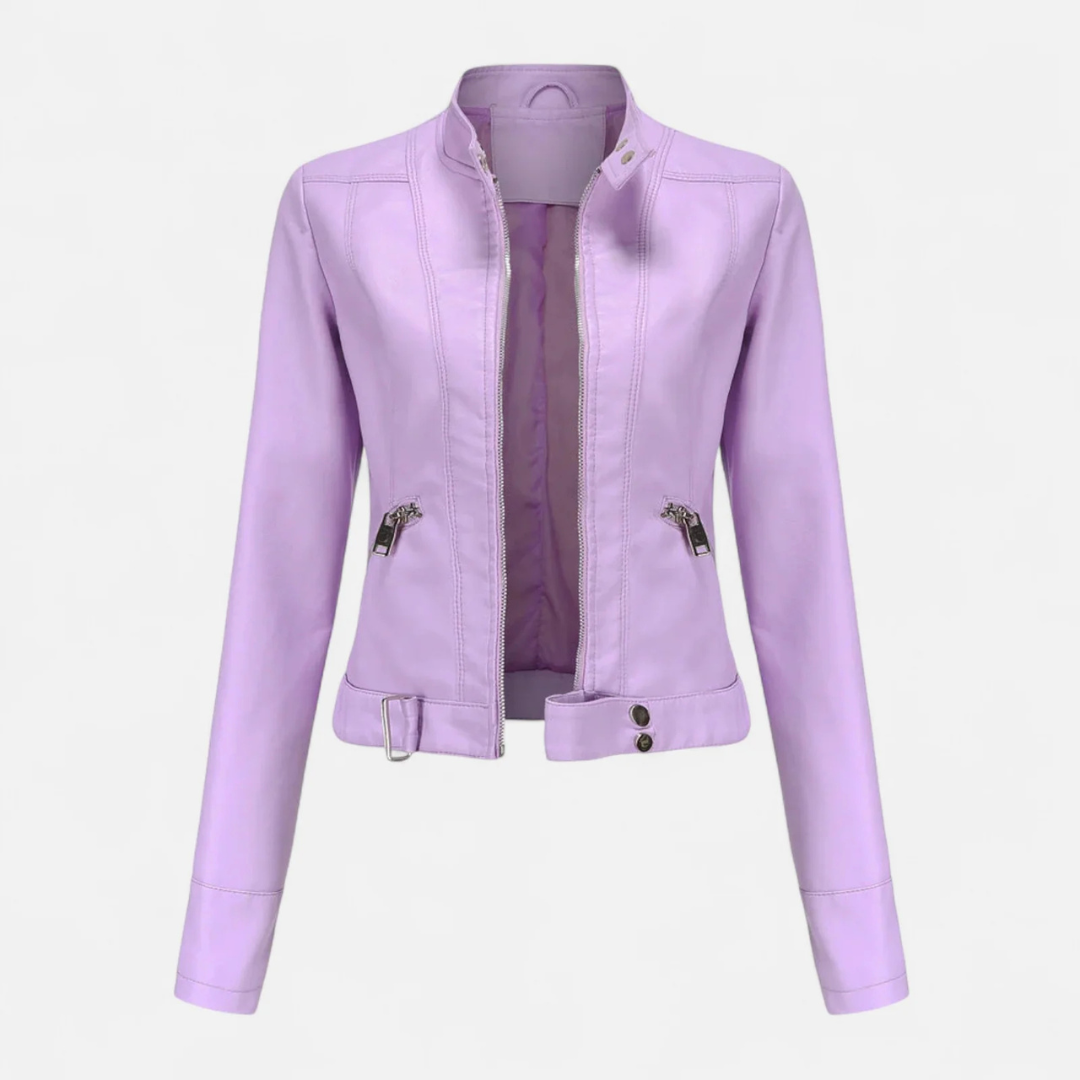Women's Faux Leather Biker Jacket with Band Collar and Zip Cuff Closures