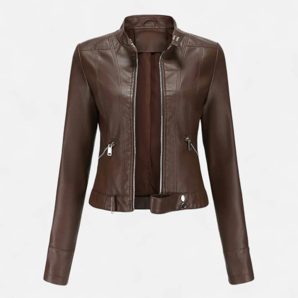 Women's Faux Leather Biker Jacket with Band Collar and Zip Cuff Closures