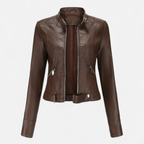 Women's Faux Leather Biker Jacket with Band Collar and Zip Cuff Closures