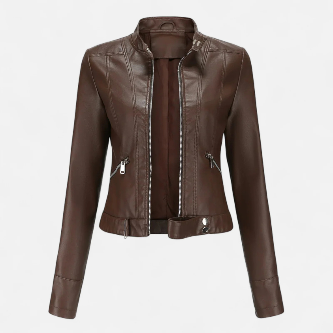 Women's Faux Leather Biker Jacket with Band Collar and Zip Cuff Closures