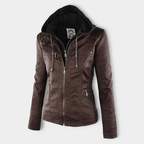 Women's Faux Leather Hooded Jacket with Full Zip Closure and Ribbed Panels