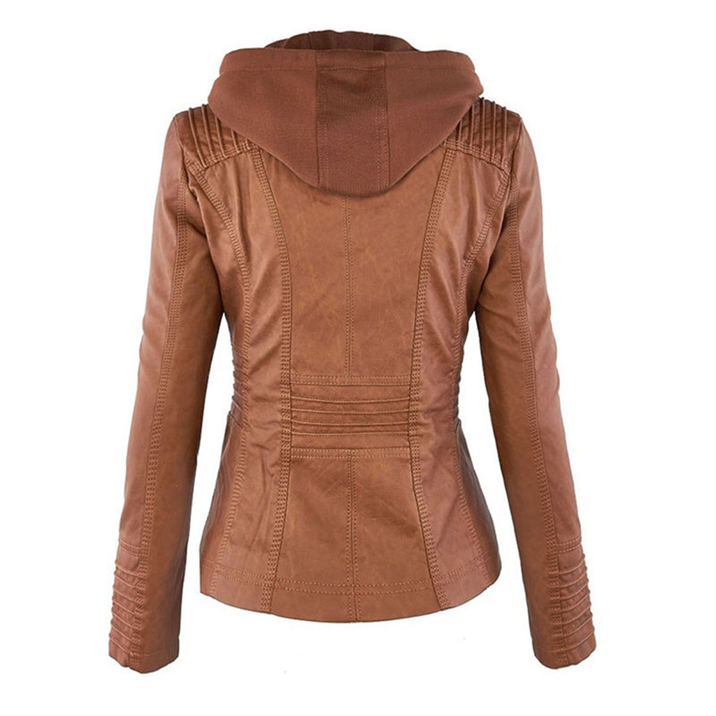 Women's Faux Leather Hooded Jacket with Full Zip Closure and Ribbed Panels