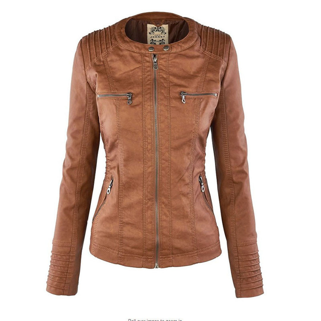 Women's Faux Leather Hooded Jacket with Full Zip Closure and Ribbed Panels