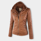 Women's Faux Leather Hooded Jacket with Full Zip Closure and Ribbed Panels