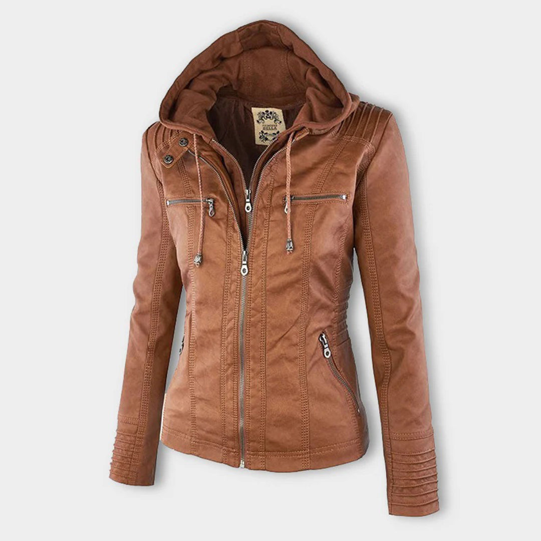 Women's Faux Leather Hooded Jacket with Full Zip Closure and Ribbed Panels