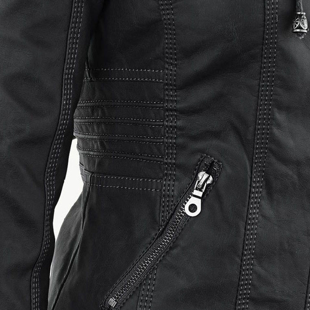 Women's Faux Leather Hooded Jacket with Full Zip Closure and Ribbed Panels