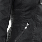 Women's Faux Leather Hooded Jacket with Full Zip Closure and Ribbed Panels