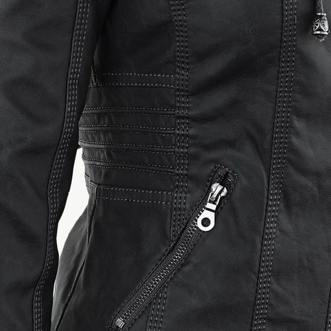 Women's Faux Leather Hooded Jacket with Full Zip Closure and Ribbed Panels