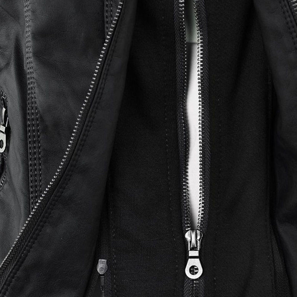 Women's Faux Leather Hooded Jacket with Full Zip Closure and Ribbed Panels