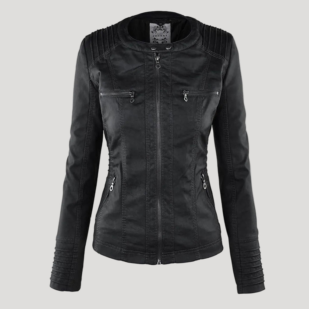 Women's Faux Leather Hooded Jacket with Full Zip Closure and Ribbed Panels