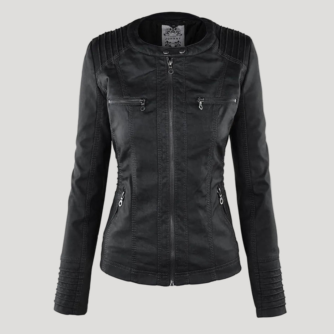 Women's Faux Leather Hooded Jacket with Full Zip Closure and Ribbed Panels