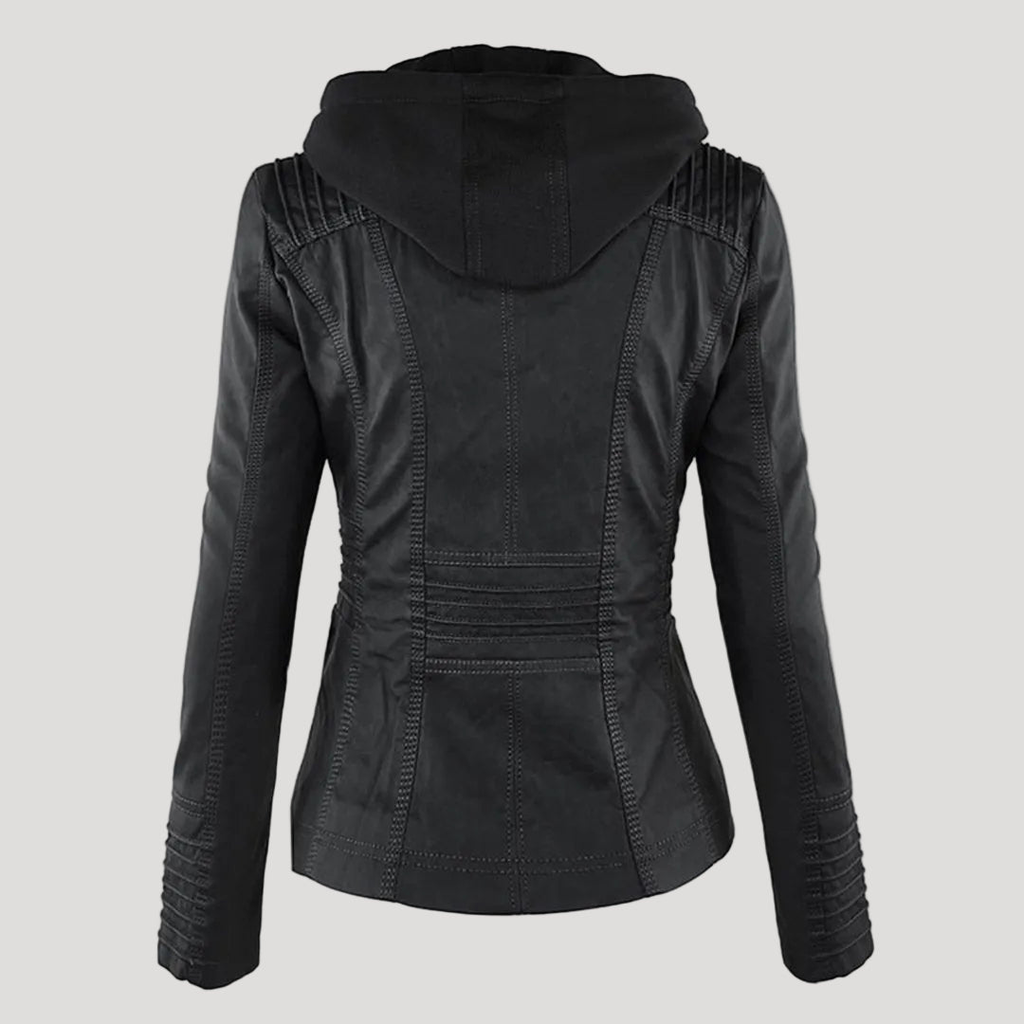 Women's Faux Leather Hooded Jacket with Full Zip Closure and Ribbed Panels