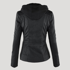 Women's Faux Leather Hooded Jacket with Full Zip Closure and Ribbed Panels