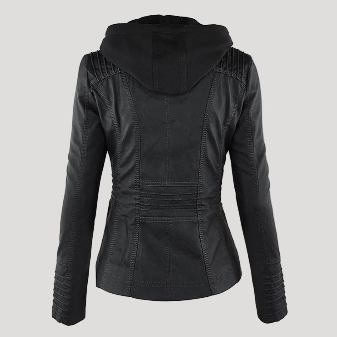 Women's Faux Leather Hooded Jacket with Full Zip Closure and Ribbed Panels
