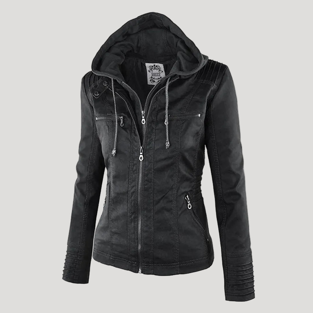 Women's Faux Leather Hooded Jacket with Full Zip Closure and Ribbed Panels
