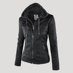 Women's Faux Leather Hooded Jacket with Full Zip Closure and Ribbed Panels
