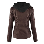 Women's Faux Leather Hooded Jacket with Full Zip Closure and Ribbed Panels
