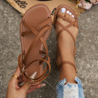 Women's Flat Sandals with Crossover Strap Front and Ankle Buckle Strap