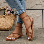 Women's Flat Sandals with Crossover Strap Front and Ankle Buckle Strap