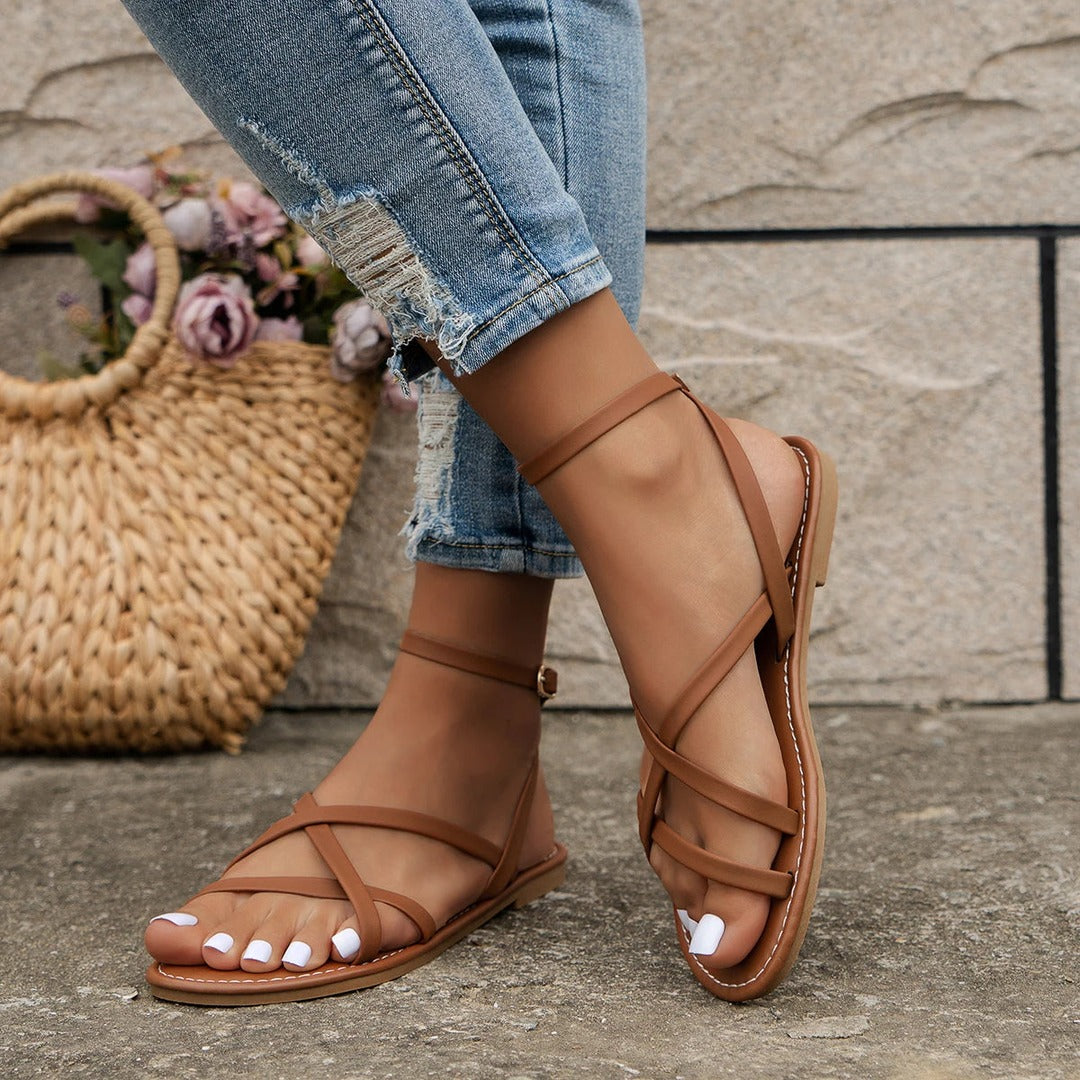 Women's Flat Sandals with Crossover Strap Front and Ankle Buckle Strap