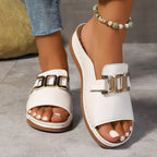 Women's Flat Slide Sandals with Wide Structured Strap and Gold-Tone Linked Hardware Detail