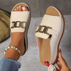 Women's Flat Slide Sandals with Wide Structured Strap and Gold-Tone Linked Hardware Detail