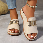 Women's Flat Slide Sandals with Wide Structured Strap and Gold-Tone Linked Hardware Detail
